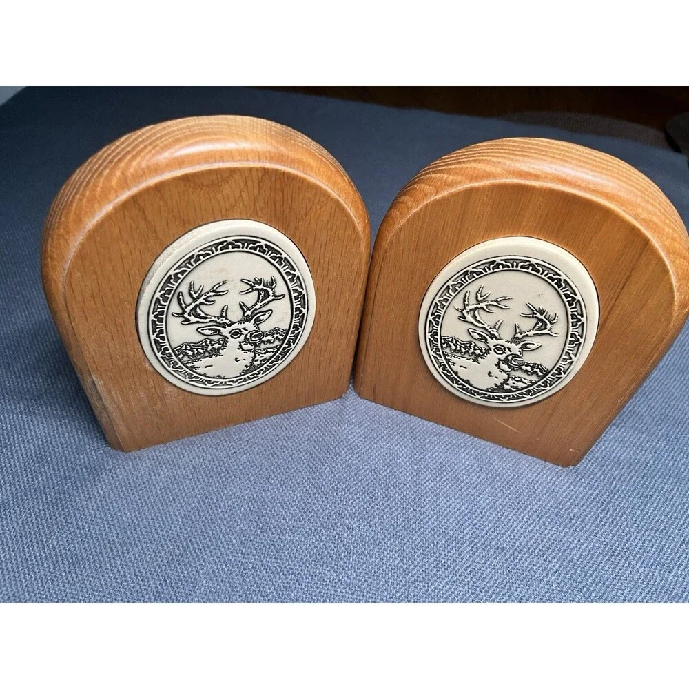 Rare Vintage 1986 Trinity Pottery Bookends, Deer, Wood & Ceramic, EUC